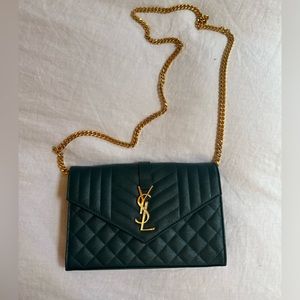 Small YSL Monogram Green Leather Satchel Envelope Bag with Gold Chain